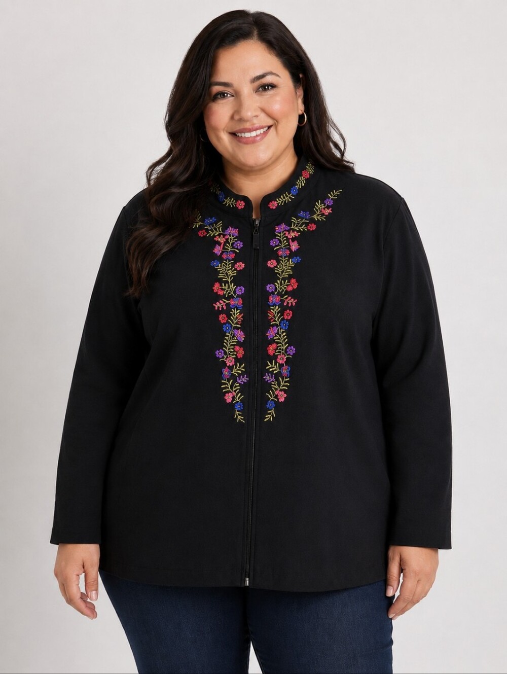 Notations Women Floral Colorful Embroidered Black Jacket Plus Size 2XL* Softboho